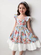 Young Girl Ditsy Floral Square Neck Ruffle Bowknot Casual Dress